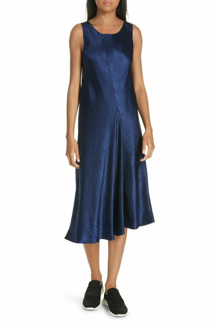 NWT Vince Asymmetrical Crinkled Satin Sleeveless Midi Dress In Ink A-Line XS